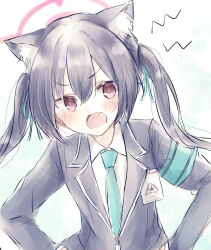 Rule 34 | 1girl, animal ear fluff, animal ears, aqua armband, aqua necktie, aqua ribbon, baran. (ba ra ran), black hair, black jacket, blazer, blue archive, blush, bright pupils, cat ears, collared shirt, commentary, d:, double-parted bangs, fang, green background, hair ribbon, halo, hands on own hips, highres, id card, jacket, long hair, looking at viewer, necktie, open mouth, red eyes, red halo, ribbon, safety pin, serika (blue archive), shirt, shout lines, skin fang, solo, twintails, v-shaped eyebrows, watercolor background, white background, white shirt