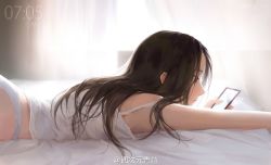 Rule 34 | 1girl, ass, bed sheet, black hair, brown eyes, camisole, cellphone, curtains, from side, highres, indoors, light, lying, moss (2225028), on bed, on stomach, original, outstretched arm, panties, phone, profile, smartphone, solo, text focus, underwear, underwear only, upper body, using phone, white panties