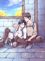Rule 34 | 2boys, aqua eyes, bad id, bad pixiv id, black hair, blue sky, blush, boots, brown footwear, brown hair, ascot, day, eren yeager, closed eyes, indian style, indoors, knee boots, knee up, leaning on person, levi (shingeki no kyojin), long sleeves, looking at another, male focus, multiple boys, on floor, pants, petals, shingeki no kyojin, shirt, shoe soles, sichol-bell, sitting, sky, sleeping, sleeping on person, sleeves pushed up, stone floor, stone wall, sweatdrop, three-dimensional maneuver gear, tree, wall, window, yaoi