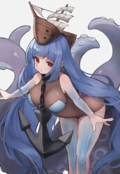 Rule 34 | 1girl, anchor, blue hair, blue skin, breasts, chain, collar, colored skin, dungeon squad, hat, highres, kraken (dungeon squad), large breasts, leotard, long hair, looking at viewer, metal collar, monster girl, multicolored skin, outstretched arms, parted lips, red eyes, ship, solo, tentacles, tomisaka yorui, very long hair, watercraft
