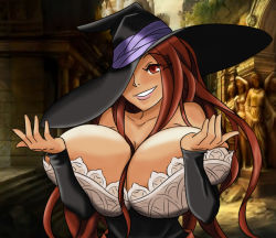 Rule 34 | 1girl, bare shoulders, breasts, brown eyes, brown hair, cleavage, colorfag, detached sleeves, dragon&#039;s crown, gigantic breasts, grin, hat, hat over one eye, long hair, matsu-sensei, one eye covered, shrugging, smile, solo, sorceress (dragon&#039;s crown), witch hat