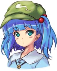 Rule 34 | 1girl, bad id, bad twitter id, blue dress, blue eyes, blue hair, blunt bangs, blush, dress, expressionless, green hat, hair bobbles, hair ornament, hat, jewelry, jpeg artifacts, kawashiro nitori, looking at viewer, mochi.f, necklace, short hair, short twintails, simple background, solo, touhou, twintails, two side up, upper body, white background