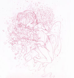 Rule 34 | 1girl, bare legs, barefoot, blush, branch, dress, flower, full body, hair flower, hair ornament, half-closed eyes, highres, holding, holding branch, kaede (shijie heping), looking to the side, monochrome, original, petals, short dress, short hair, sketch, solo, traditional media, wide sleeves