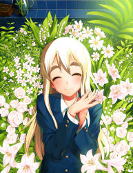 Rule 34 | 00s, 1girl, bad id, bad pixiv id, blazer, blonde hair, blush, closed eyes, daisy, easter lily, eyebrows, flower, happy, jacket, k-on!, kotobuki tsumugi, lily (flower), lily of the valley, long hair, looking at viewer, lunch (shin new), own hands together, rose, school uniform, smile, solo, steepled fingers, white flower, white rose