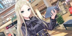 Rule 34 | 1girl, black dress, blonde hair, blue reflection (series), blue reflection sun, blush, book, bow, bowtie, dress, game cg, grey eyes, highres, holding, holding book, indoors, kishida mel, long hair, long sleeves, looking at viewer, mall, morisaki alesia yu, non-web source, parted bangs, solo focus, striped clothes, striped dress, upper body, vertical-striped clothes, vertical-striped dress, wavy mouth