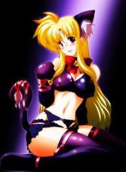 Rule 34 | 00s, 1girl, 45acp, animal ears, bell, blonde hair, bra, breasts, cat ears, cat tail, elbow gloves, covered erect nipples, fate testarossa, garter belt, gloves, jingle bell, large breasts, lingerie, lyrical nanoha, mahou shoujo lyrical nanoha, mahou shoujo lyrical nanoha strikers, panties, red eyes, ribbon, solo, tail, thighhighs, underwear, underwear only