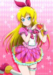 Rule 34 | 1girl, absurdres, argyle, argyle background, argyle clothes, blonde hair, blue eyes, blush, bow, closed mouth, cosplay request, dokidoki! precure, floating hair, frilled skirt, frills, hair bow, hairband, heart, heart hands, highres, kneehighs, leg up, long hair, look-alike, looking at viewer, miniskirt, nita (onakatohoppe), pink background, pink neckwear, pink shirt, pink skirt, plaid neckwear, pleated skirt, precure, print skirt, red bow, red footwear, red hairband, regina (dokidoki! precure), shirt, short sleeves, skirt, smile, socks, solo, standing, standing on one leg, thigh strap, twitter username, very long hair, white socks, wrist cuffs