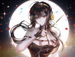 Rule 34 | 1girl, bare shoulders, black dress, black hair, breasts, cleavage, dagger, diffraction spikes, dress, earrings, flower, full moon, gloves, gold hairband, hair flower, hair ornament, hairband, highres, holding, jewelry, knife, long hair, looking at viewer, moon, red eyes, sidelocks, solo, sparkle, spy x family, stiletto (weapon), upper body, weapon, yor briar, zhumojian