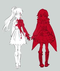 Rule 34 | 2girls, blood, blood splatter, color connection, commentary request, hood, hoodie, iesupa, multiple girls, ponytail, ruby rose, rwby, scar, scar across eye, scar on face, short hair, weiss schnee