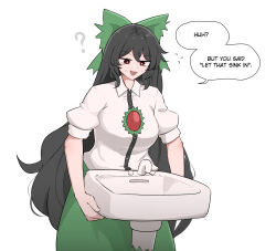 Rule 34 | 1girl, ?, black hair, bow, breasts, buttons, collared shirt, commentary, cowboy shot, elon musk, english commentary, english text, faucet, flying sweatdrops, green bow, green skirt, hair bow, highres, holding sink, large breasts, long hair, mata (matasoup), meme, open mouth, puffy short sleeves, puffy sleeves, pun, red eyes, reiuji utsuho, shirt, short sleeves, sink, skirt, small head, solo, speech bubble, sweatdrop, third eye on chest, too literal, touhou, very long hair, white shirt