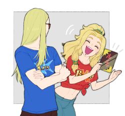 Rule 34 | 1boy, 1girl, absurdres, blonde hair, blue shirt, brother and sister, crossed arms, fate/grand order, fate (series), glasses, highres, long hair, looking at another, ochi gero, quetzalcoatl (fate), red shirt, shirt, siblings, tezcatlipoca (fate), weapon