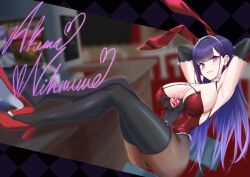 Rule 34 | 1girl, absurdres, akuma nihmune, akuma nihmune (3rd costume), animal ears, armpits, arms behind head, blurry, blurry background, breasts, character name, commentary, commission, earrings, elbow gloves, english commentary, gloves, high heels, highres, indie virtual youtuber, jewelry, large breasts, leotard, long hair, looking at viewer, pantyhose, playboy bunny, purple eyes, purple hair, rabbit ears, second-party source, sitting, solo, thighhighs, uhen, virtual youtuber