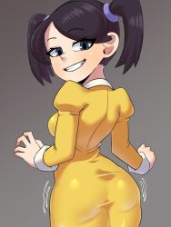 Rule 34 | 1girl, absurdres, aged down, ass, blue eyes, blush, brown hair, cowboy shot, dress, eyebrows hidden by hair, from behind, grey background, grin, highres, looking at viewer, looking back, painting fish, skullgirls, smile, solo, squigly (skullgirls), twintails