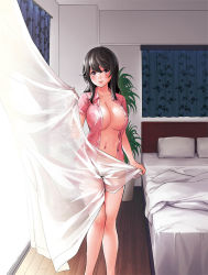 Rule 34 | 1girl, bed, bedroom, black hair, blush, breasts, brown eyes, cameltoe, cleavage, curtains, covered erect nipples, huge breasts, indoors, legs, long hair, looking at viewer, navel, open clothes, open shirt, original, pillow, purple eyes, shikishiro konomi, shirt, smile, solo, standing, thighs