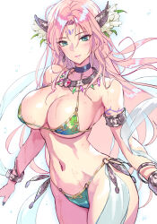 Rule 34 | 1girl, armlet, bare arms, bare shoulders, bikini, black choker, blue eyes, bracelet, breasts, character request, choker, commentary request, cowboy shot, eternal wheel, facial mark, forehead mark, green bikini, green nails, highres, jewelry, large breasts, long hair, looking at viewer, matsuda (matsukichi), navel, necklace, pink hair, pink lips, shawl, smile, solo, standing, stomach, swimsuit, thighs, very long hair, white background