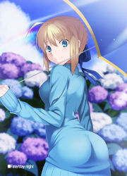 Rule 34 | 1girl, ahoge, alternate costume, artoria pendragon (all), artoria pendragon (fate), ass, blonde hair, blue eyes, blue flower, blue ribbon, blue sweater, blue umbrella, blurry, blurry background, braid, braided bun, closed mouth, cloud, copyright name, cowboy shot, day, dress, fate/stay night, fate (series), flower, hair between eyes, hair bun, hair ribbon, holding, holding umbrella, hydrangea, long sleeves, looking at viewer, purple flower, ribbon, saber (fate), short hair, skylader, smile, solo, standing, sunlight, sweater, sweater dress, umbrella, white flower