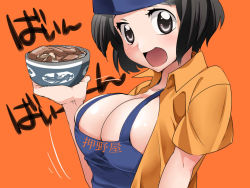 Rule 34 | 1girl, apron, bad id, bad pixiv id, black eyes, black hair, bowl, breasts, cleavage, clothes writing, collared shirt, facing viewer, food, gyuudon, hat, large breasts, light blush, looking at viewer, motion lines, no bra, open clothes, open mouth, open shirt, orange background, orange shirt, sato (99yen kin&#039;itsu), shirt, short hair, short sleeves, simple background, solo, tank top, translation request, upper body