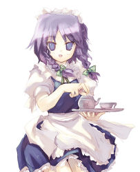 Rule 34 | &gt;:d, 1girl, :d, apron, blue dress, blue eyes, bow, bowtie, braid, cup, dress, female focus, frilled apron, frills, izayoi sakuya, looking at viewer, maid, maid apron, maid headdress, open mouth, puffy short sleeves, puffy sleeves, short sleeves, simple background, smile, solo, teacup, teapot, touhou, tray, twin braids, v-shaped eyebrows, white background