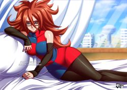 Rule 34 | 1girl, android 21, arm warmers, bed, bed sheet, bedroom, black-framed eyewear, black nails, black pantyhose, blue eyes, breasts, brown hair, city, curtains, dragon ball, dragon ball fighterz, dress, female focus, glasses, hip focus, indoors, jadenkaiba, jewelry, large breasts, long hair, lying, multicolored clothes, multicolored dress, nail polish, pantyhose, pillow, ring, solo, thighs, window