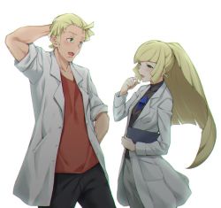 Rule 34 | 1boy, 1girl, aged down, arm behind back, arm behind head, blonde hair, chromatic aberration, coat, creatures (company), game freak, gem, green eyes, husband and wife, lab coat, long hair, long sleeves, lusamine (pokemon), mohn (pokemon), nintendo, open clothes, open coat, open mouth, pokemon, pokemon sm, red shirt, shirt, short hair, simple background, sleeves rolled up, sugarbeat, white background