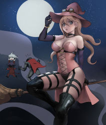 Rule 34 | 1girl, 2boys, artist name, black choker, black footwear, black gloves, black panties, blonde hair, blue eyes, boots, breasts, broom, broom riding, brown jacket, cape, choker, commentary, danganronpa (series), danganronpa v3: killing harmony, demon, demon tail, demon wings, elbow gloves, english commentary, fingerless gloves, flying, full moon, gloves, goggles, hair ornament, hairclip, halloween costume, hat, headless, iruma miu, jacket, jewelry, k1-b0, large breasts, long hair, moon, multiple boys, navel, necklace, night, oma kokichi, panties, pink headwear, qosic, red cape, tail, thigh boots, thighhighs, underwear, wings, witch hat, x hair ornament