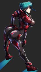 Rule 34 | 1girl, absurdres, arched back, ass, black bodysuit, bodysuit, breasts, fortified suit, from behind, green eyes, green hair, haganef, highres, large breasts, looking at viewer, looking back, muv-luv, muv-luv alternative, muv-luv alternative (anime), pilot suit, shiny clothes, short hair, simple background, skin tight, solo, standing, tsukuyomi mana