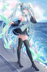 Rule 34 | 1girl, absurdres, ahoge, ass, black footwear, black skirt, black sleeves, blue eyes, blue hair, boots, breasts, closed mouth, cloud, collared shirt, commentary, day, detached sleeves, dress shirt, english commentary, from side, full body, grey necktie, hair between eyes, hatsune miku, headset, highres, long hair, long sleeves, looking at viewer, medium breasts, microphone, miniskirt, nanoda002 (saber427), necktie, ocean, outdoors, pleated skirt, shirt, sideboob, skirt, sleeveless, sleeveless shirt, smile, solo, standing, thigh boots, thighhighs, twintails, very long hair, vocaloid, white shirt, wing collar, zettai ryouiki