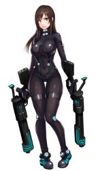 Rule 34 | 1girl, bodysuit, breasts, brown eyes, brown hair, curvy, female focus, full body, gantz, gantz suit, gun, large breasts, long hair, looking at viewer, matching hair/eyes, shimohira reika, shiny clothes, simple background, solo, standing, thigh gap, tight clothes, weapon, yuuji (and)