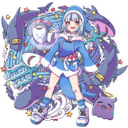 Rule 34 | 1girl, absurdres, animal hood, bloop (gawr gura), blue eyes, blue hair, blue hoodie, blue socks, blush, breasts, bubble, character name, commentary, cross-laced footwear, english commentary, eyelashes, fins, fish, fish tail, full body, gawr gura, gawr gura (1st costume), halo, highres, holding, holding weapon, hololive, hololive english, hood, hood up, hoodie, long sleeves, looking at viewer, meatbandit, medium hair, multicolored hair, open mouth, polearm, shark, shark hood, shark tail, sharp teeth, shoes, silver hair, sleeves past wrists, small breasts, smile, sneakers, socks, standing, starfish, streaked hair, tail, takodachi (ninomae ina&#039;nis), teeth, trident, two-tone hair, virtual youtuber, water, weapon, white footwear
