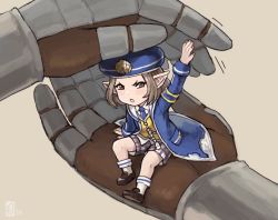 Rule 34 | 1boy, alistair (granblue fantasy), blue coat, blue headwear, blue neckwear, brown eyes, brown footwear, brown hair, coat, commentary, emlan, english commentary, fingernails, granblue fantasy, hand up, hat, long sleeves, looking at viewer, mini person, miniboy, necktie, open clothes, open coat, parted lips, shoes, short hair, shorts, socks, solo focus, vest, white legwear