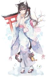 Rule 34 | 1girl, absurdres, ahoge, animal, animal ear fluff, animal ears, bare tree, bird, black footwear, black hair, blue kimono, cat ears, cat girl, cat tail, commentary request, copyright request, double bun, ema, english text, floral print, hair bun, hands up, hatsumoude, highres, holding, japanese clothes, kimono, long hair, long sleeves, looking at viewer, new year, print kimono, rucaco, sandals, snow, snow rabbit, snowflakes, socks, solo, tabi, tail, torii, tree, twintails, virtual youtuber, white background, white socks, wide sleeves, zouri