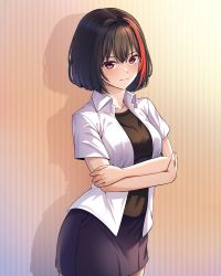 Rule 34 | 1girl, bang dream!, black hair, black shirt, blue background, breasts, closed mouth, collarbone, collared shirt, commentary request, cowboy shot, crossed arms, gradient background, hair between eyes, highres, korean commentary, light blush, looking at viewer, medium breasts, miniskirt, mitake ran, multicolored background, multicolored hair, open clothes, open shirt, orange background, pink eyes, ptal, purple skirt, red hair, shadow, shirt, short hair, short sleeves, skirt, solo, standing, streaked hair, striped, striped background, two-tone hair, white shirt, yellow background