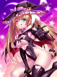 Rule 34 | 1girl, ass, blonde hair, blue eyes, bow, breasts, hair ornament, hair ribbon, halloween, halloween costume, hat, little busters!, long hair, ribbon, tokido saya, twintails, very long hair, witch hat, zen (kamuro)
