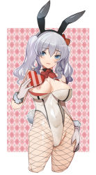 Rule 34 | 1girl, alternate costume, animal ears, argyle, argyle background, argyle clothes, blue eyes, bow, bowtie, box, breasts, cameltoe, commentary request, covered navel, cropped legs, detached collar, diadem, fake animal ears, fishnet pantyhose, fishnets, gloves, grey hair, heart-shaped box, highres, kantai collection, kashima (kancolle), large breasts, leotard, long hair, looking at viewer, multicolored background, nipple slip, nipples, pantyhose, parted lips, pink background, playboy bunny, pupps, rabbit ears, rabbit tail, sidelocks, solo, tail, twintails, valentine, white background, white gloves