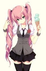 Rule 34 | 1girl, absurdres, bad id, bad yandere id, black necktie, black skirt, black thighhighs, blouse, blue eyes, collarbone, cowboy shot, drill hair, flower, food, hair between eyes, head tilt, highres, ice cream, long hair, looking at viewer, necktie, original, pink hair, pleated skirt, scan, shirahane nao, shirt, simple background, skirt, smile, solo, thighhighs, twin drills, twintails, very long hair, vest, white shirt, wristband, zettai ryouiki