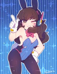 Rule 34 | 1girl, ;), adapted costume, animal ear headphones, animal ears, bad id, bad twitter id, bare shoulders, black pantyhose, blue background, bow, bowtie, breasts, brown eyes, brown hair, contrapposto, cowboy shot, d.va (overwatch), eyebrows, facial mark, fake animal ears, finger gun, gloves, grin, hand on own hip, headphones, index finger raised, large breasts, leotard, long hair, looking at viewer, one eye closed, overwatch, overwatch 1, pantyhose, parted lips, pink bow, pink bowtie, playboy bunny, rabbit ear headphones, rabbit ears, rabbit tail, ringed eyes, signature, smile, solo, standing, starry shizen, strapless, strapless leotard, striped, striped background, tail, vertical stripes, whisker markings, white gloves
