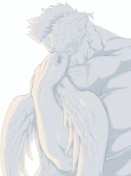 Rule 34 | 2boys, bara, boku no hero academia, endeavor (boku no hero academia), facing another, hawks (boku no hero academia), hug, male focus, multiple boys, muscular, muscular male, muted color, nigiri kotei, short hair, simple background, topless male, white background, white wings, wings, yaoi