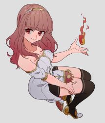 1girl black_thighhighs celica_(fire_emblem) closed_mouth dress female_focus fire fire_emblem fire_emblem_echoes:_shadows_of_valentia grey_background hair_ornament hairband high_heels highres itou_(very_ito) long_hair looking_at_viewer nintendo red_eyes red_hair simple_background smile solo thighhighs zettai_ryouiki