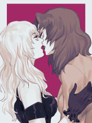 Rule 34 | 2girls, artist request, black gloves, blonde hair, breasts, brown hair, couple, devilman, devilman crybaby, dress, eye contact, female focus, fishnets, from side, gloves, hand up, imminent kiss, jacket, kiss, lips, lipstick, long hair, looking at another, makeup, medium breasts, multiple girls, open mouth, psycho jenny, short hair, siren (devilman), upper body, white hair, yuri