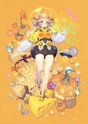 Rule 34 | 1girl, absurdres, animal ears, backlighting, bare legs, blue eyes, blush, cheese, food, halloween, highres, hologram, light particles, mandrill, mouse ears, mouse tail, mushroom, orange theme, original, pumpkin, solo, tail, ufo