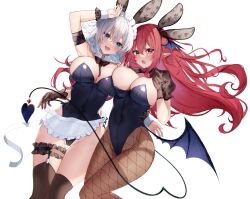 Rule 34 | 2girls, :d, animal ears, apron, arm up, armband, black bow, black bowtie, black leotard, black thighhighs, blue eyes, bow, bowtie, breasts, bridal garter, commentary request, cowboy shot, demon tail, demon wings, detached collar, fake animal ears, fishnet pantyhose, fishnets, highres, izayoi sakuya, koakuma, large breasts, leotard, long hair, looking at viewer, low wings, maid headdress, multiple girls, natsuki (ukiwakudasai), open mouth, pantyhose, pointy ears, puffy short sleeves, puffy sleeves, rabbit ears, red eyes, red hair, short sleeves, simple background, smile, standing, tail, thighhighs, thighs, touhou, very long hair, waist apron, white apron, white background, white hair, wings