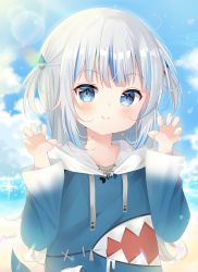 Rule 34 | 1girl, blue eyes, blue hair, blue hoodie, blush, claw pose, closed mouth, commentary, day, deyui, drawstring, english commentary, fins, fish tail, gawr gura, gawr gura (1st costume), grey nails, hair ornament, hands up, highres, hololive, hololive english, hood, hood down, hoodie, long hair, long sleeves, multicolored hair, nail polish, outdoors, shark tail, silver hair, smile, solo, streaked hair, tail, two side up, virtual youtuber, water, wide sleeves