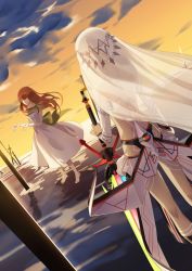 Rule 34 | 10s, 2girls, altera (fate), back, barefoot, brown hair, cloud, cloudy sky, commentary, dress, faceless, faceless female, fate/extella, fate/extra, fate (series), from behind, full-body tattoo, headdress, highres, holding, holding sword, holding weapon, kishinami hakuno (female), legs, long dress, long hair, multicolored sky, multiple girls, outdoors, photon ray (fate), skirt, sky, sword, tattoo, veil, weapon, white dress, white skirt, xinweikun