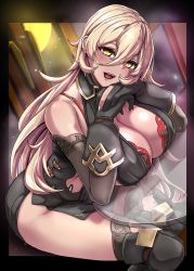 Rule 34 | 1girl, bare shoulders, black gloves, black thighhighs, blonde hair, blush, breasts, cleavage, commentary request, gloves, hair between eyes, highres, large breasts, long hair, looking at viewer, navel, nijisanji, nui sociere, nui sociere (1st costume), open mouth, sitting, smile, solo, thighhighs, thighs, virtual youtuber, yaruku, yellow eyes