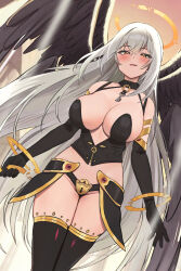 Rule 34 | 1girl, armor, bare shoulders, black choker, black gloves, black panties, black thighhighs, breasts, choker, cleavage, corset, dutch angle, elbow gloves, faulds, feathered wings, gloves, gold trim, halo, highres, key, large breasts, lock, long hair, looking at viewer, multiple wings, open mouth, original, padlock, panties, revealing clothes, smile, solo, thighhighs, thighs, twin (tt lsh), underwear, very long hair, white hair, wings, yellow eyes, zipper