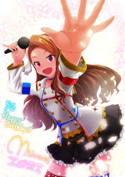 Rule 34 | 1girl, :d, arms up, brown hair, character name, choker, foreshortening, hairband, happy birthday, idolmaster, idolmaster (classic), long hair, microphone, minase iori, open mouth, outstretched arm, outstretched hand, pinky out, purple eyes, skirt, smile, solo, starpiece memories, sweat, thighhighs, yasuhito