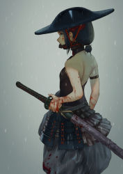Rule 34 | 1girl, armor, backless outfit, bare arms, bare shoulders, black hair, blood, blood on face, blood on hands, blood splatter, blood on clothes, blue eyes, breasts, closed mouth, commentary request, faulds, from side, genso, grey background, hat, helm, helmet, highres, japanese armor, katana, kusazuri, pants, ponytail, princess principal, puffy pants, rain, samurai, scabbard, sheath, short hair, small breasts, solo, sword, toudou chise, weapon