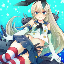 Rule 34 | 10s, 1girl, bad id, bad pixiv id, black panties, blonde hair, blush, boots, cannon, elbow gloves, flat chest, gloves, hair ornament, hairband, highleg, highleg panties, kantai collection, long hair, panties, personification, rensouhou-chan, sailor collar, sanada nako, shimakaze (kancolle), skirt, striped clothes, striped thighhighs, thighhighs, turret, underwear, white gloves
