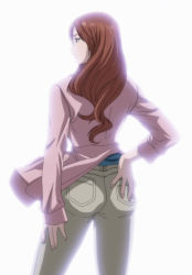 Rule 34 | 1girl, air gear, ass, brown hair, female focus, hand on ass, long hair, looking away, noyamano rika, screencap, simple background, solo, standing, stitched, third-party edit