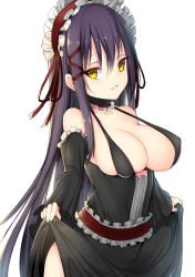 Rule 34 | 1girl, bare shoulders, biting own lip, black hair, breasts, chixiao, choker, cleavage, clothes lift, collarbone, detached sleeves, dress, female focus, goth fashion, hair ornament, highres, large breasts, long hair, long skirt, looking at viewer, maid headdress, side slit, simple background, skirt, skirt lift, solo, standing, very long hair, white background, yellow eyes